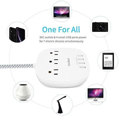 Desktop Power Strip with 3 Outlet 4 USB Ports 4.5A, Flat Plug and 10 ft Long Braided Extension Cords for Cruise Ship Travel Home Office, ETL Listed