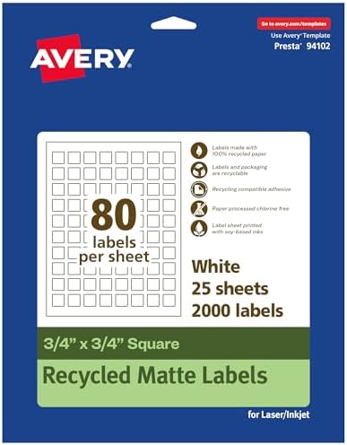 Avery EcoFriendly Matte White Recycled Square Labels, 3/4" x 3/4", Print-to-The-Edge, Matte White Labels, Permanent Adhesive, Laser/Inkjet Printable, 2,000 Total