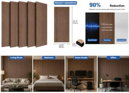 5 Pack Large Wood SlatWall Acoustic Panels for Wall 47.2 x 23.6 x 0.4 Inch Soundproof Absorbing Decor Panel Wood Veneer Panels for Living Room Bedroom Home Studio Office Decor(Wooden Stripes, 5 Pack)