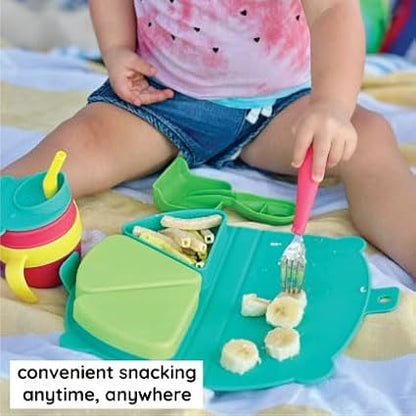 On-The-Go Snack Mat – Baby Silicone Travel Dining Placemat – Portable Silicone Toddler Plate – Reusable Snack Container with 3 Compartments and Lids for 6 Months + (Aqua)