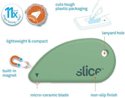 Slice Micro Safety Cutter | Safe Ceramic Box Cutter Lasting 11x Longer than Metal | Keychain Box Opener | Combo Pack | Earth White + Sage