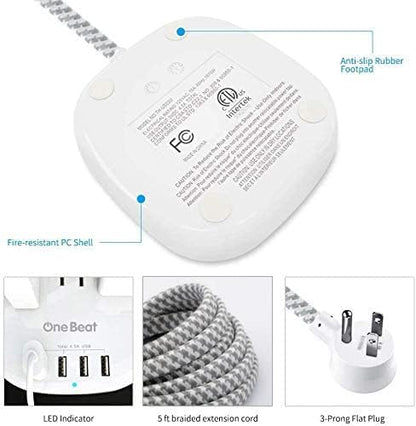 Desktop Power Strip with 3 Outlet 4 USB Ports 4.5A, Flat Plug and 10 ft Long Braided Extension Cords for Cruise Ship Travel Home Office, ETL Listed