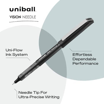 uniball Vision Needle Rollerball Pens, Micro Point (0.5mm), Black, 12 Pack