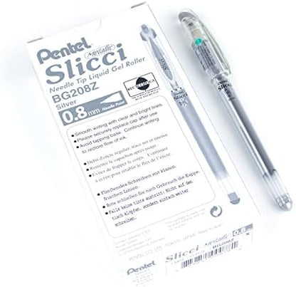 Pentel Arts Slicci 0.8mm Needle Tip, Medium Gel Pen, Silver Metallic Ink (BG208-Z), 12 Pack