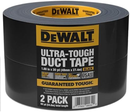 DEWALT Ultra Tough Duct Tape, 1.88 in x 30 yd, Heavy Duty, Ultra Strong, Aggressive Adhesive, All-Weather, 2 Rolls, Black