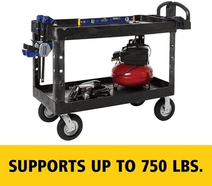 Rubbermaid Commercial Products BRUTE Heavy Duty 2-Shelf Utility/Service Cart, Pneumatic Casters, Medium, Lipped Shelves, Ergonomic Handle, 750 lb Capacity, Black, for Warehouse/Garage/Cleaning/Office