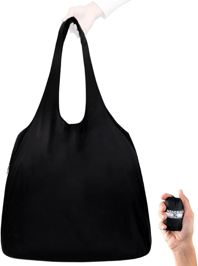 Nanobag Ultra-Lightweight Heavy Duty Foldable Tote for Women & Men, Reusable Grocery & Travel Bag, Packable Collapsible Compact Market Essential (XL Black)