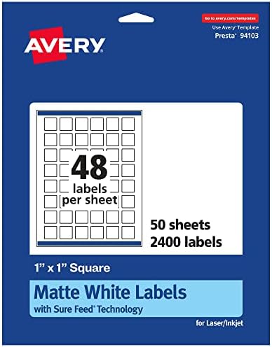 Avery® Matte White Square Labels, Sure Feed® Technology, 1" x 1", 2,400 Matte White Printable Labels