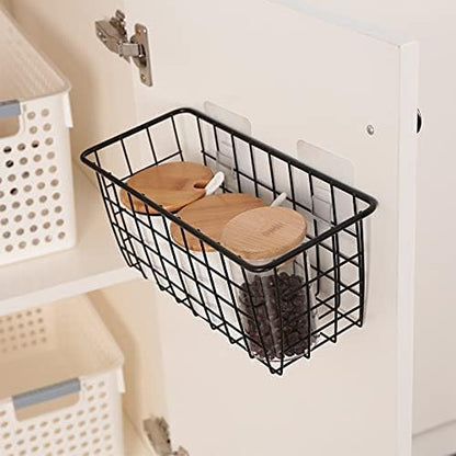 2 Set Hanging Wall Basket Organizer Over the Cabinet Door Wire Baskets for Organizing -No Drilling Adhesive Wall Storage Basket, Space-Saving Hanging Baskets for Organizing Wall Mount Storage,Black