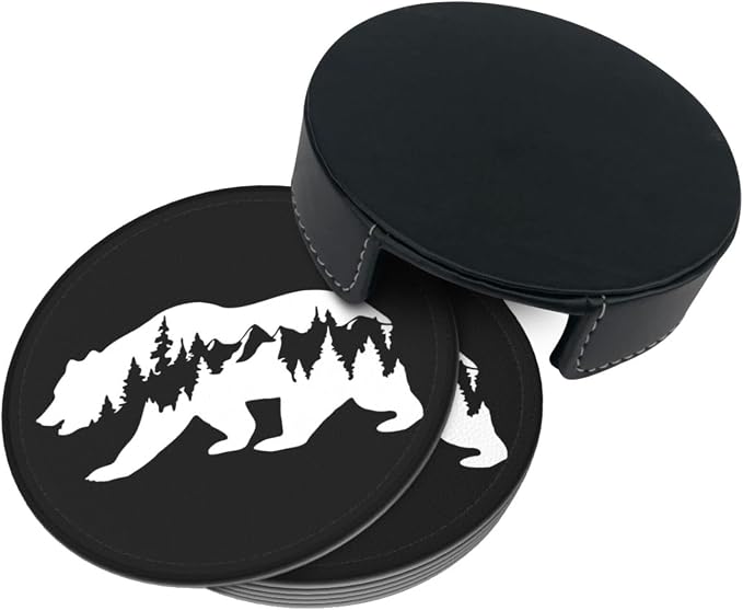 6 Pcs Hiking Bear Mountains Camper Leather Coasters