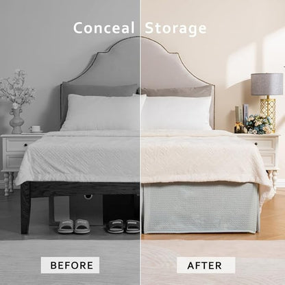 MIYE Pleated Waffle Weave Bed Skirt, Tailored Dust Ruffle 14 Inch Drop Easy Fit, Machine Washable (Light Grey, Queen - 14" Drop)