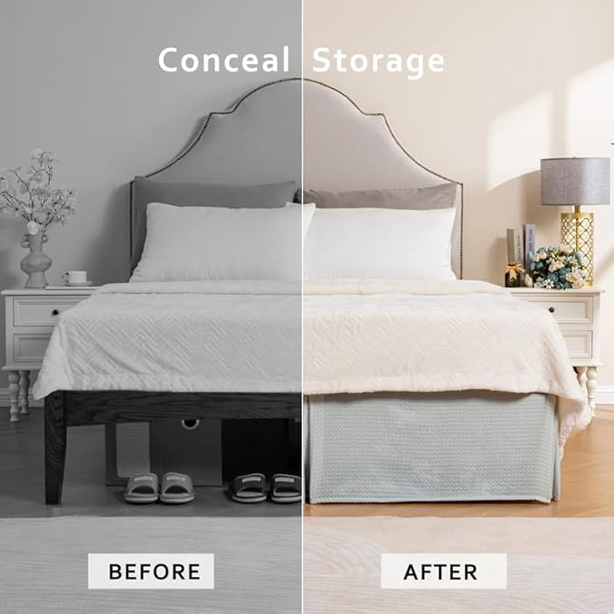 MIYE Pleated Waffle Weave Bed Skirt, Tailored Dust Ruffle 14 Inch Drop Easy Fit, Machine Washable (Light Grey, Full - 14" Drop)