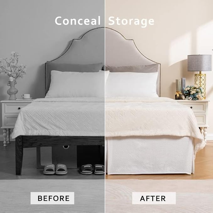MIYE Pleated Waffle Weave Bed Skirt, Tailored Dust Ruffle 18 Inch Drop Easy Fit, Machine Washable (White, King - 18" Drop)