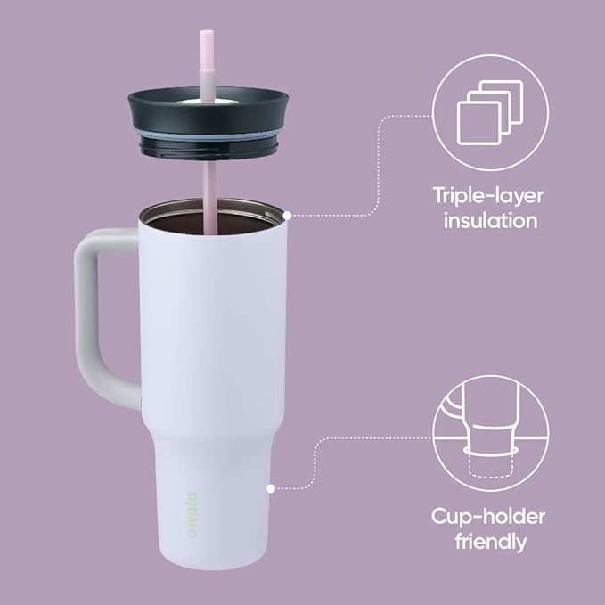 Owala Stainless Steel Triple Layer Insulated Travel Tumbler with Spill Resistant Lid, Straw, and Carry Handle, BPA Free, 40 oz, Purple (Bunny Hop)