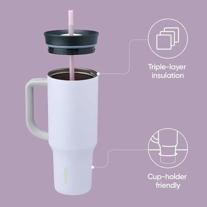 Owala Stainless Steel Triple Layer Insulated Travel Tumbler with Spill Resistant Lid, Straw, and Carry Handle, BPA Free, 40 oz, Purple (Bunny Hop)