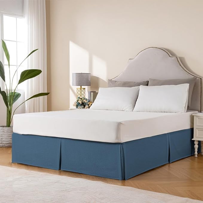 MIYE Pleated Waffle Weave Bed Skirt, Tailored Dust Ruffle 14 Inch Drop Easy Fit, Machine Washable (Blue, TwinXL - 14" Drop)