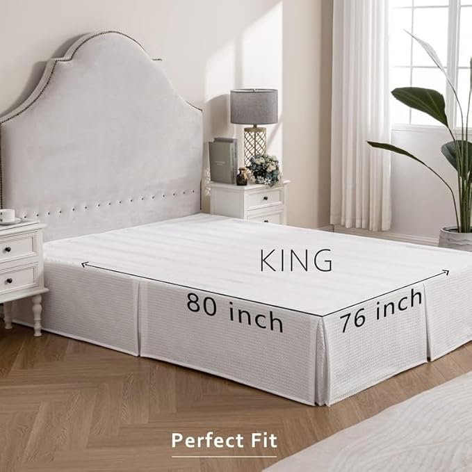 MIYE Pleated Waffle Weave Bed Skirt, Tailored Dust Ruffle 18 Inch Drop Easy Fit, Machine Washable (White, King - 18" Drop)