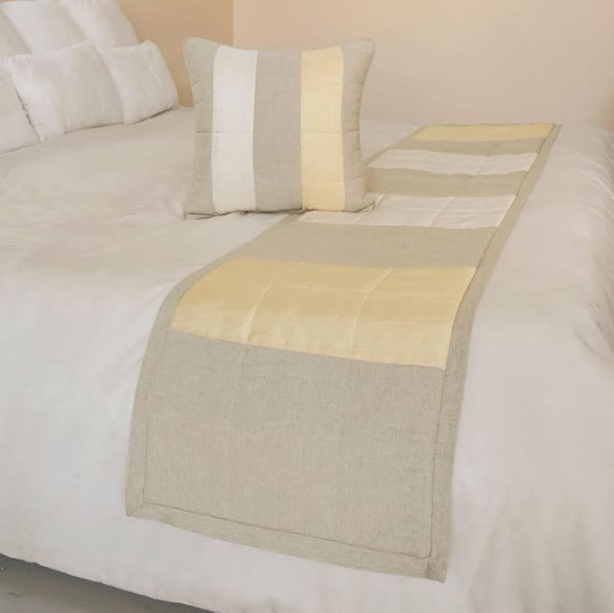 The HomeCentric King/Queen/Twin Beige Decorative King 90"x18" Bed Runner with Pillow Cover, Color Block, Patchwork, Quilted, Silk, Linen & Striped Bed Scarf on Linen & Silk Fabric - Alikka
