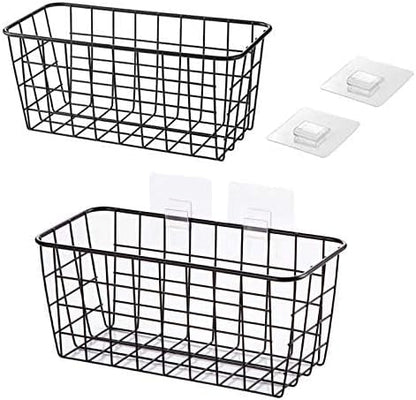 2 Set Hanging Wall Basket Organizer Over the Cabinet Door Wire Baskets for Organizing -No Drilling Adhesive Wall Storage Basket, Space-Saving Hanging Baskets for Organizing Wall Mount Storage,Black