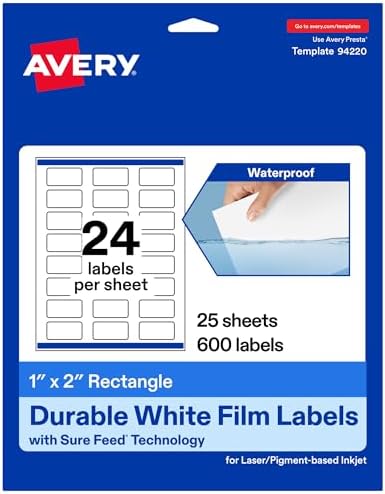 Avery® Printable Durable White Rectangle Labels, Sure Feed® Technology, 1" x 2", Print-to-the-Edge, Waterproof Labels, Laser & Pigment-Based Inkjet Compatible, 600 Total