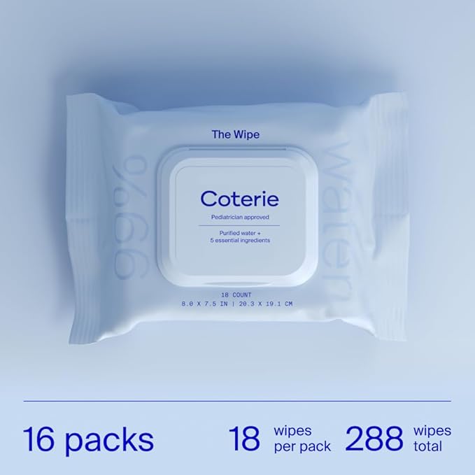 Coterie Baby Travel Size Wipes for Sensitive Skin, Plant-Based and Plastic-Free Fibers, 99% Water, Hypoallergenic, pH Balanced, Unscented, Clean and Gentle Baby Essentials, 16 Travel Packs, 288 Count