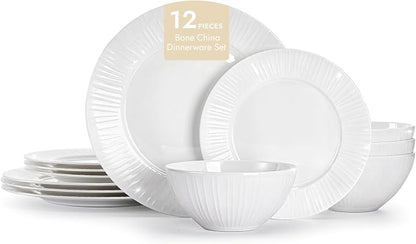 12Pc Textured White Bone China Set Service
