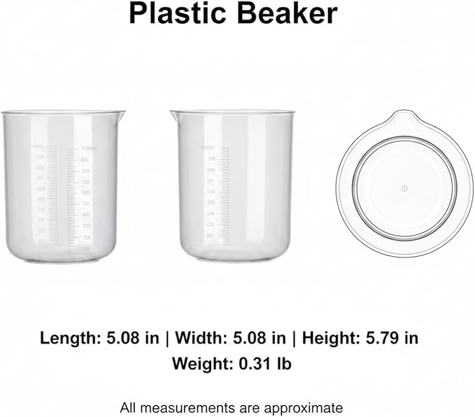 1000 mL Plastic Beaker, Shatter-Resistant Polypropylene Measuring Cup