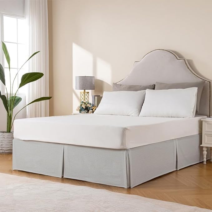 MIYE Pleated Waffle Weave Bed Skirt, Tailored Dust Ruffle 14 Inch Drop Easy Fit, Machine Washable (Light Grey, Full - 14" Drop)
