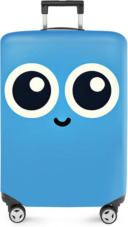 ANNA QUEEN Cute Smiley Face Luggage Cover, Blue Cartoon Suitcase Protector with Big Eyes Design, Stretchable, Washable Travel Cover for 24-26 Inch Luggage