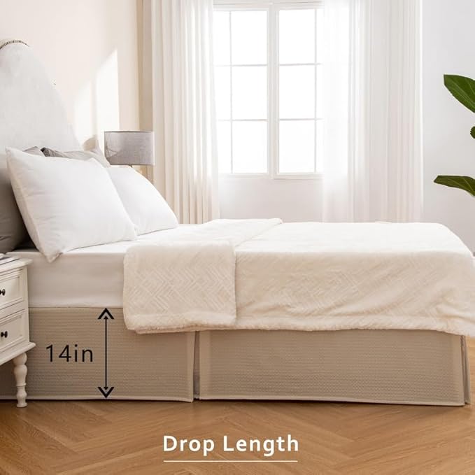 MIYE Pleated Waffle Weave Bed Skirt, Tailored Dust Ruffle 14 Inch Drop Easy Fit, Machine Washable,No Split Corners (Beige, TwinXL - 14" Drop)