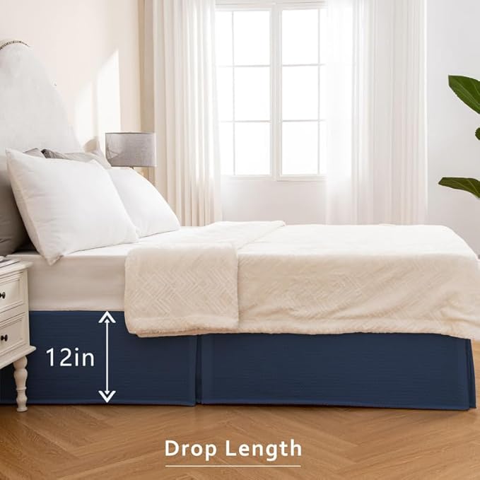 MIYE Pleated Waffle Weave Bed Skirt, Tailored Dust Ruffle 12 Inch Drop Easy Fit, Machine Washable (Navy Blue, Twin - 12" Drop)