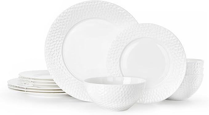 12Pcs Hammered Rim White Bone China Set, Service