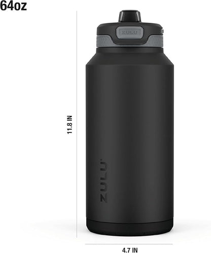 ZULU Powerfill Pro 64oz Half Gallon Stainless Steel Water Bottle with Quick Fill Lid, Triple Walled Vacuum Insulated Metal, Leak Proof Locking Lid, Sip and Chug, Reusable BPA Free, Black Monochrome