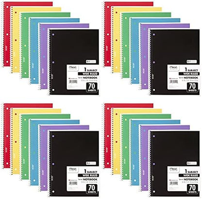 Mead Spiral Notebook, 24 Pack, 1 Subject, Wide Ruled Paper, 7-1/2" x 10-1/2", 70 Sheets per Notebook, Colors Will Vary (930203-ECM25)