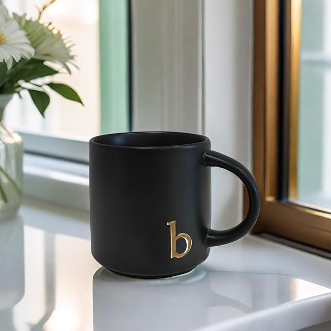 COLLECTIVE HOME Black Ceramic Coffee Mug, 15 oz Golden Monogram Tea Cup |
