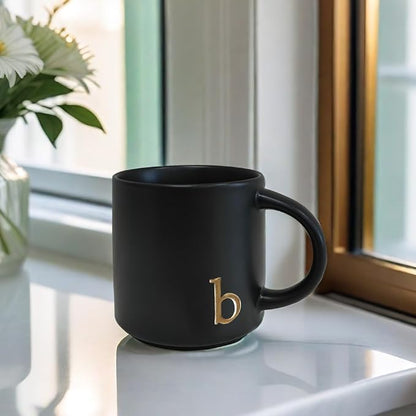 COLLECTIVE HOME Black Ceramic Coffee Mug, 15 oz Golden Monogram Tea Cup |