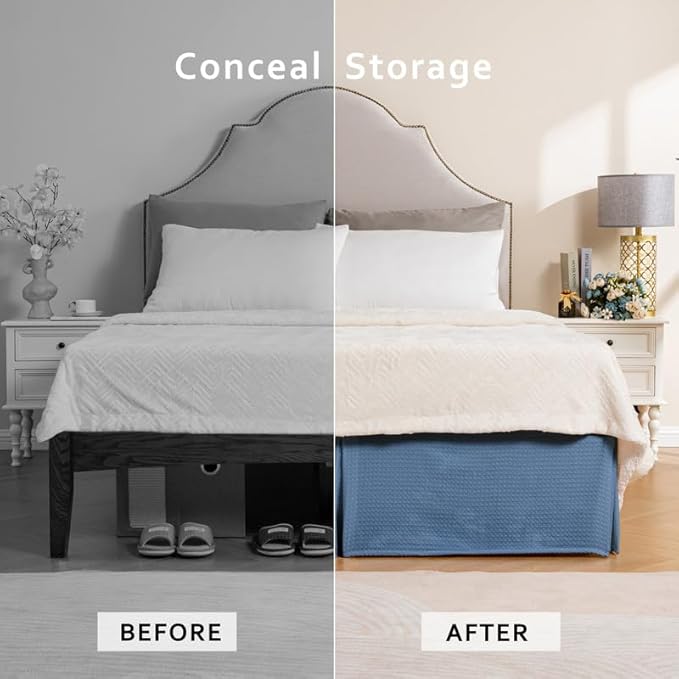 MIYE Pleated Waffle Weave Bed Skirt, Tailored Dust Ruffle 14 Inch Drop Easy Fit, Machine Washable (Blue, TwinXL - 14" Drop)