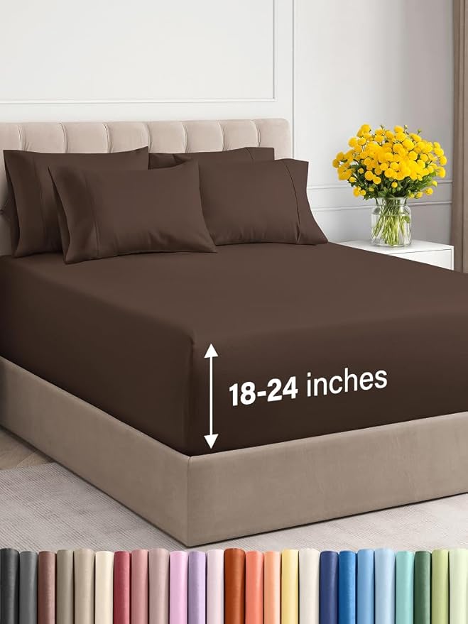 Extra Deep Queen Sheet Set - 6 Piece Breathable and Cooling Sheets - Hotel Luxury Bed Sheets Set - Easy & Secure Fit - Soft, Wrinkle Free and Comfy Sheets Set - Brown Sheet Set with Extra Deep Pockets