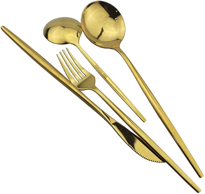 JASHII Stainless Steel Titanium Plated Golden Flatware Set 24 Piece, Flatware