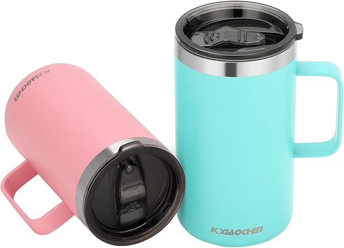 KXIAOCHEN 20oz Insulated Coffee Mug with Lid, Stainless Steel Coffee Cup, Double Wall Vacuum Coffee Tumbler with Handle, Premium Thermal Travel Coffee Mug (Blue Green Pink 2Pack)