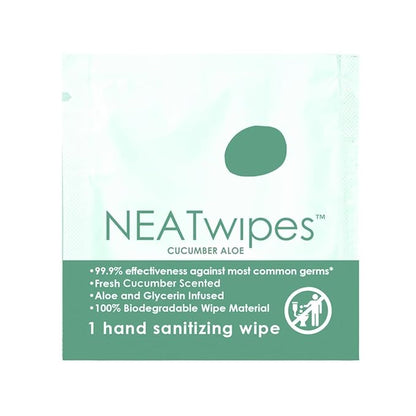 NEATwipes Hand Sanitizing Wipes | Travel Essentials | Disposable Wet Wipe & Planet Friendly | Cucumber Aloe Essential Oil | 10 Pouches of 24 Individually Wrapped Wipes