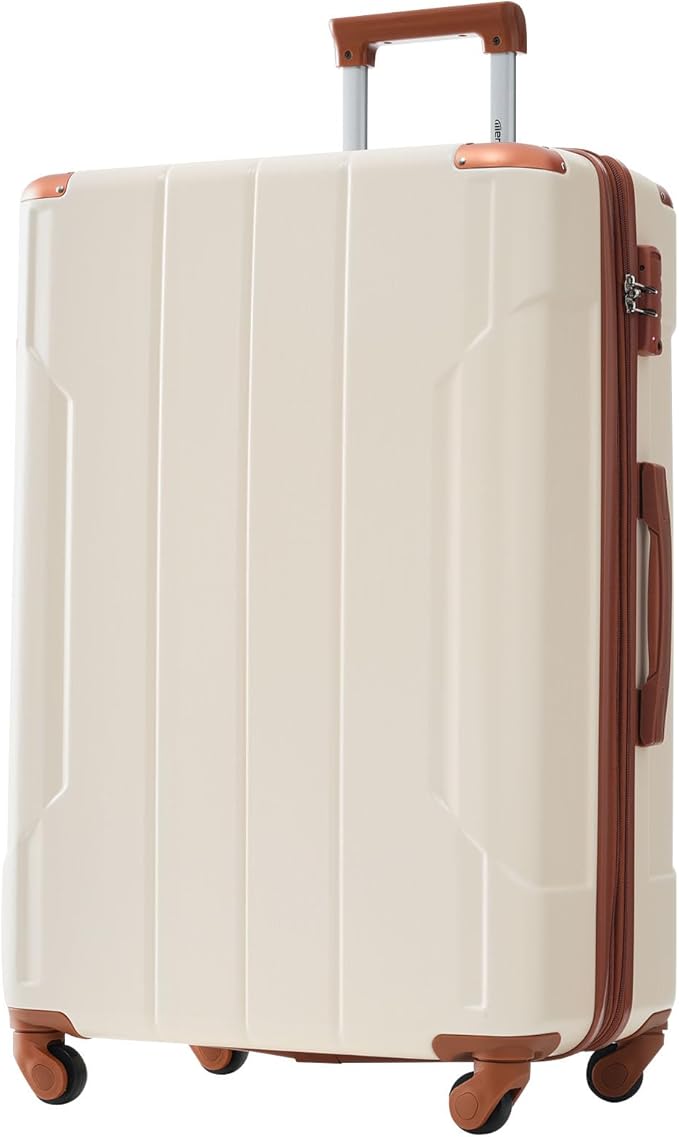 Merax 28 Inch Checked-Large Luggage with Wheels Aluminum Alloy Corner Hard Shell Suitcase TSA Luggage Suitcases for Travel Woman Men(White Brown)