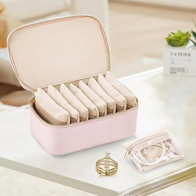 Jewelry Box Organizer for Women,Small Travel Jewelry Case,Mini Travel Jewelry Organizer with 8 Velvet Jewelry Zipper Pouches, Jewelry Box Organizer for Christmas Birthday(Pink)