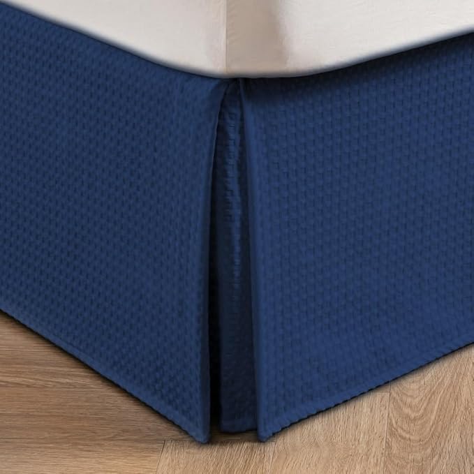 MIYE Pleated Waffle Weave Bed Skirt, Tailored Dust Ruffle 16 Inch Drop Easy Fit, Machine Washable (Navy Blue, Full - 16" Drop)