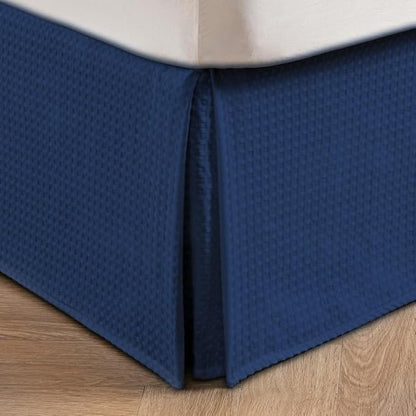 MIYE Pleated Waffle Weave Bed Skirt, Tailored Dust Ruffle 12 Inch Drop Easy Fit, Machine Washable (Navy Blue, King - 12" Drop)