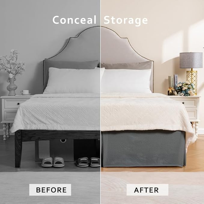 MIYE Pleated Waffle Weave Bed Skirt, Tailored Dust Ruffle 22 Inch Drop Easy Fit, Machine Washable (Dark Grey,Cal King - 22" Drop)