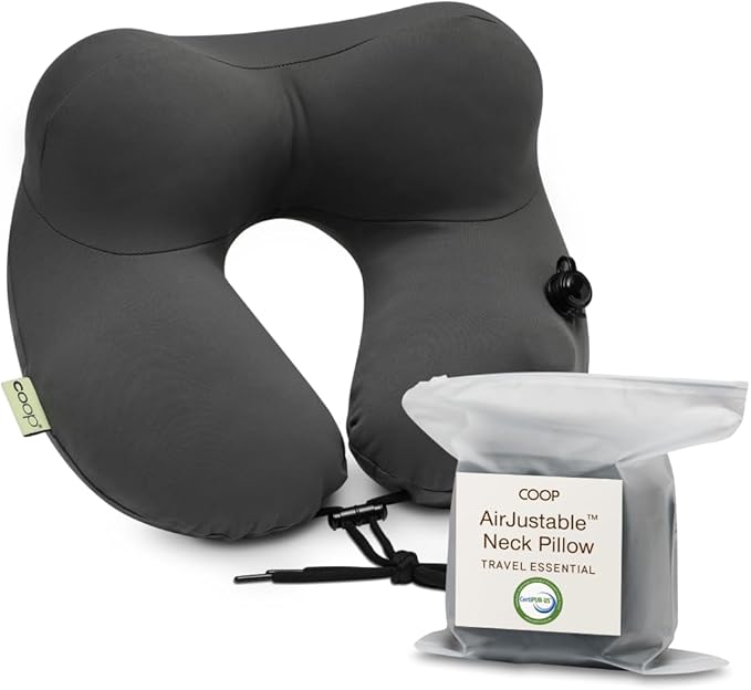 Coop Home Goods AirJustable Travel Neck Pillow, Inflatable, Adjustable Support for Neck & Chin, Compact Travel Pillow, Soft Memory Foam Comfort, Airplane Travel Essentials, Cooling & Washable Cover