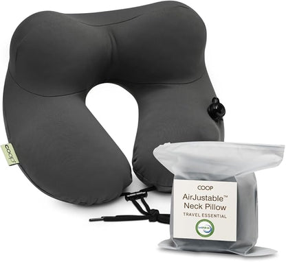 Coop Home Goods AirJustable Travel Neck Pillow, Inflatable, Adjustable Support for Neck & Chin, Compact Travel Pillow, Soft Memory Foam Comfort, Airplane Travel Essentials, Cooling & Washable Cover