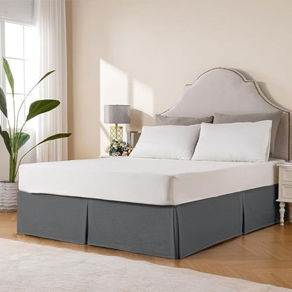 MIYE Pleated Waffle Weave Bed Skirt, Tailored Dust Ruffle 16 Inch Drop Easy Fit, Machine Washable (Dark Grey, Queen - 16" Drop)