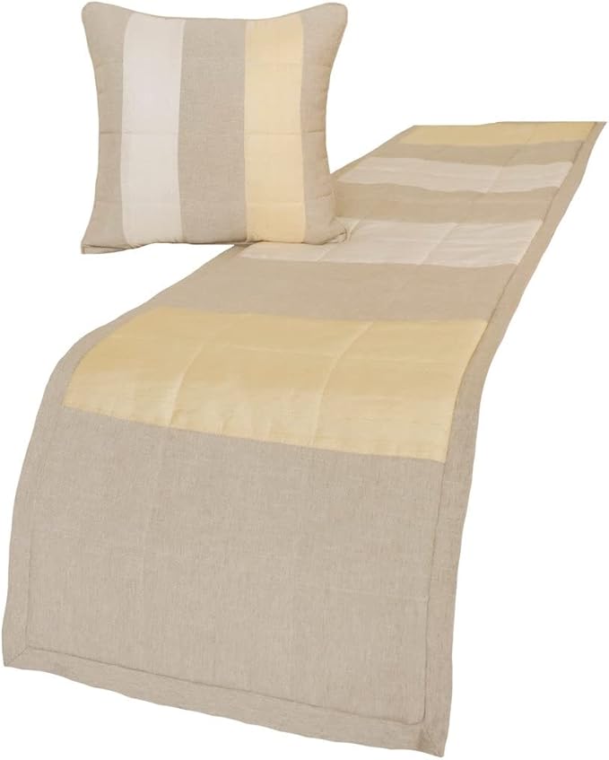 The HomeCentric King/Queen/Twin Beige Decorative King 90"x18" Bed Runner Without Pillow Cover, Color Block, Patchwork, Quilted, Silk, Linen & Striped Bed Scarf on Linen & Silk Fabric - Alikka